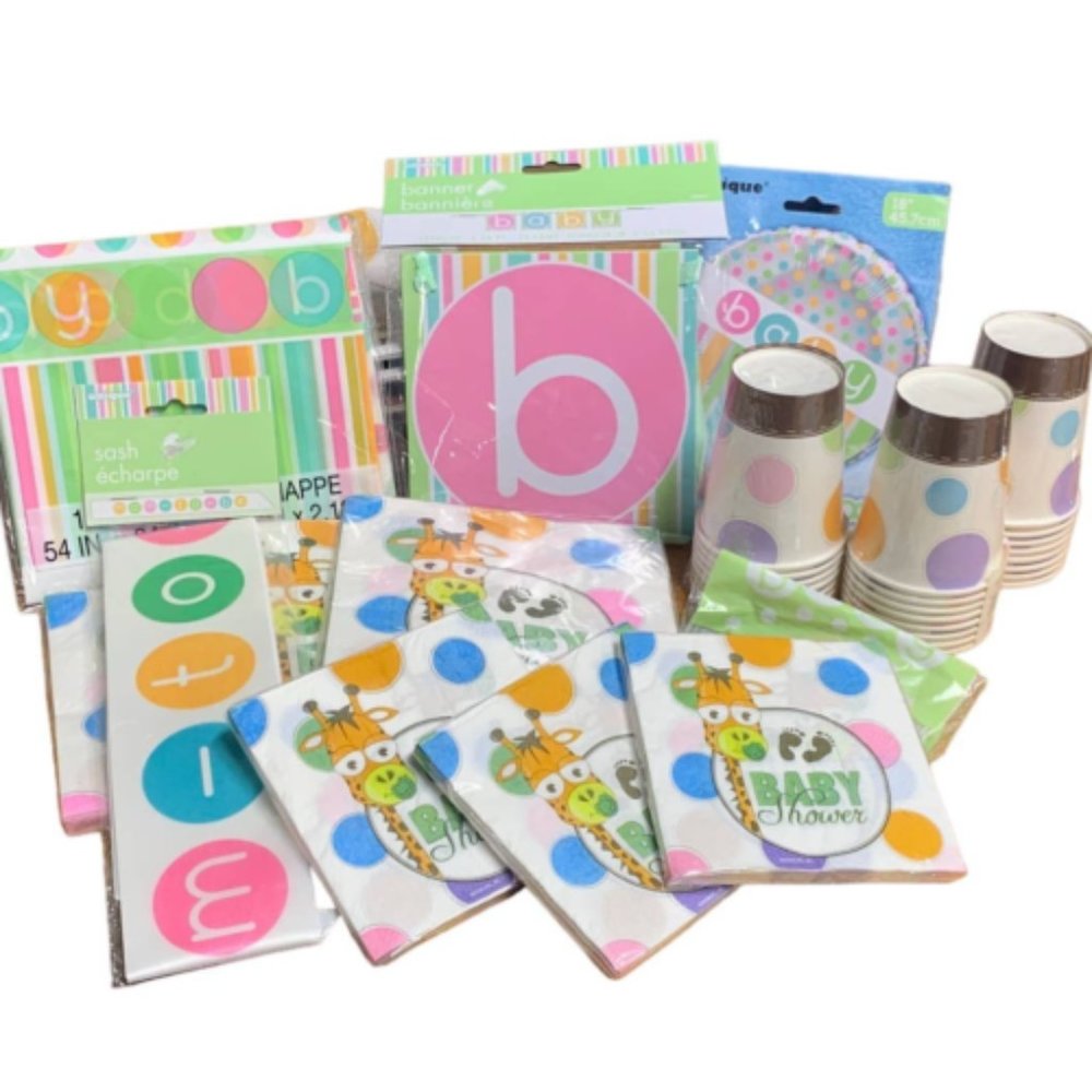 Baby Shower Gender Neutral Giraffe Banner Napkins Plates Cups 24 Guest Party Kit